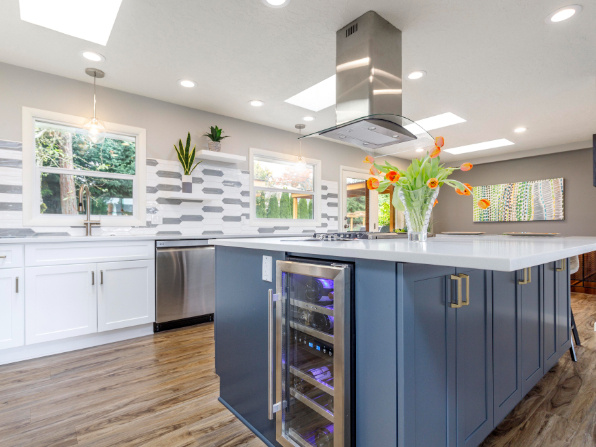 Remodeled Portland Kitchen with Tile Backsplash and Wine Fridge by Creekstone Design + Remodel 