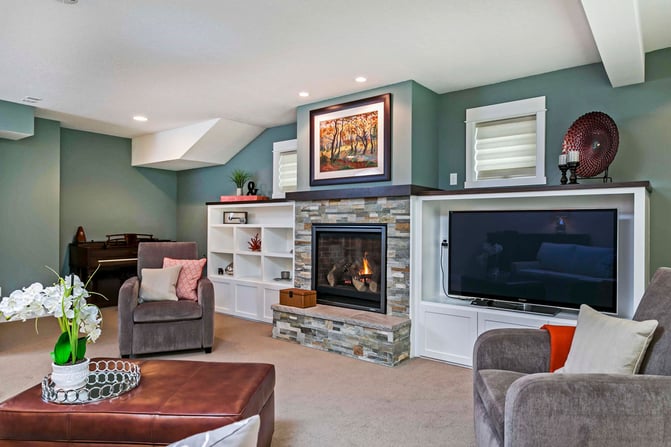 Stacked-Stone-Fireplace-Surround-with-Custom-Dark-Wood-Mantel-and-Built-in-Shelving-and-TV-Nook-1-1