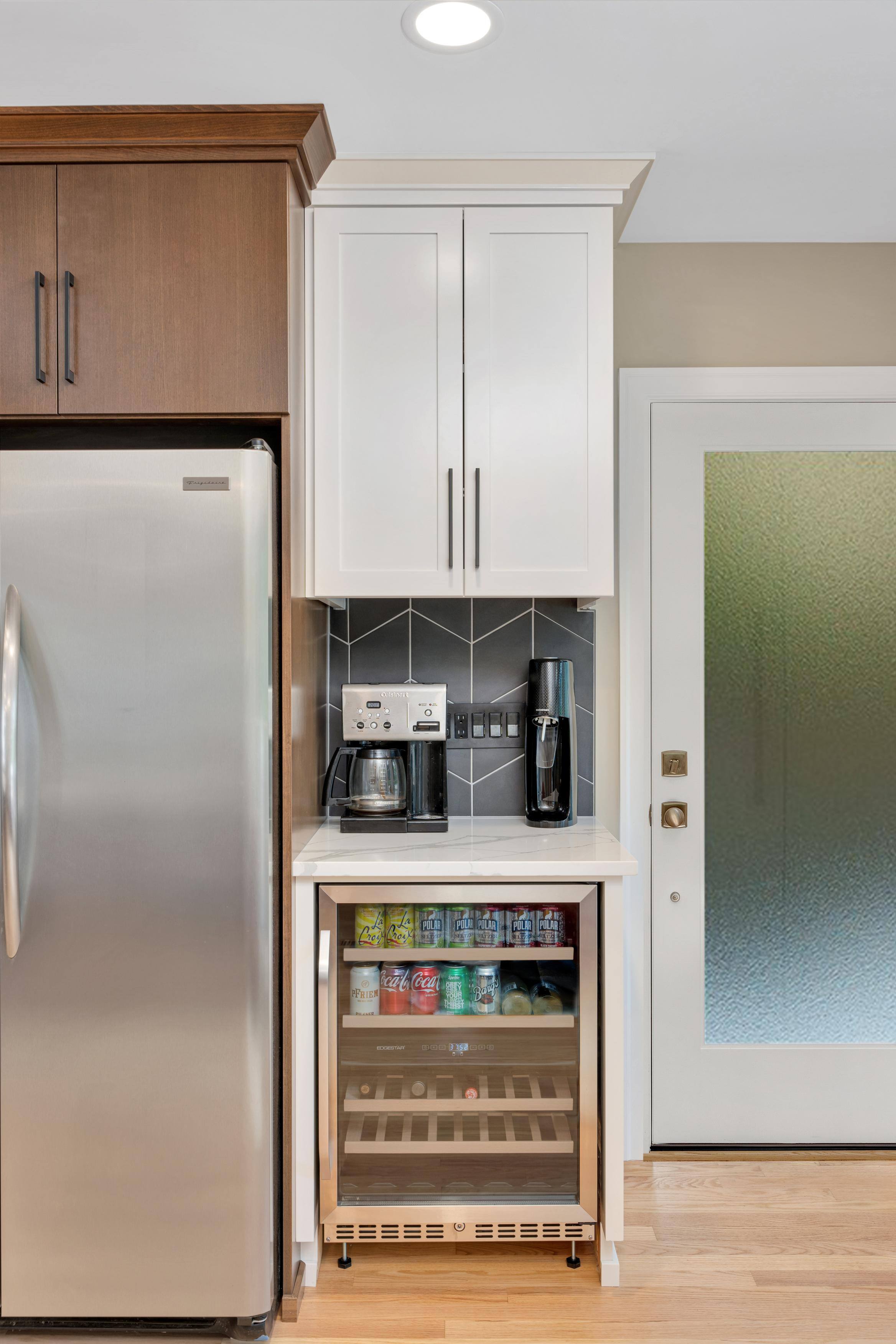 Southwest Hills Kitchen coffee nook and wine fridge by Creekstone Design + Remodel