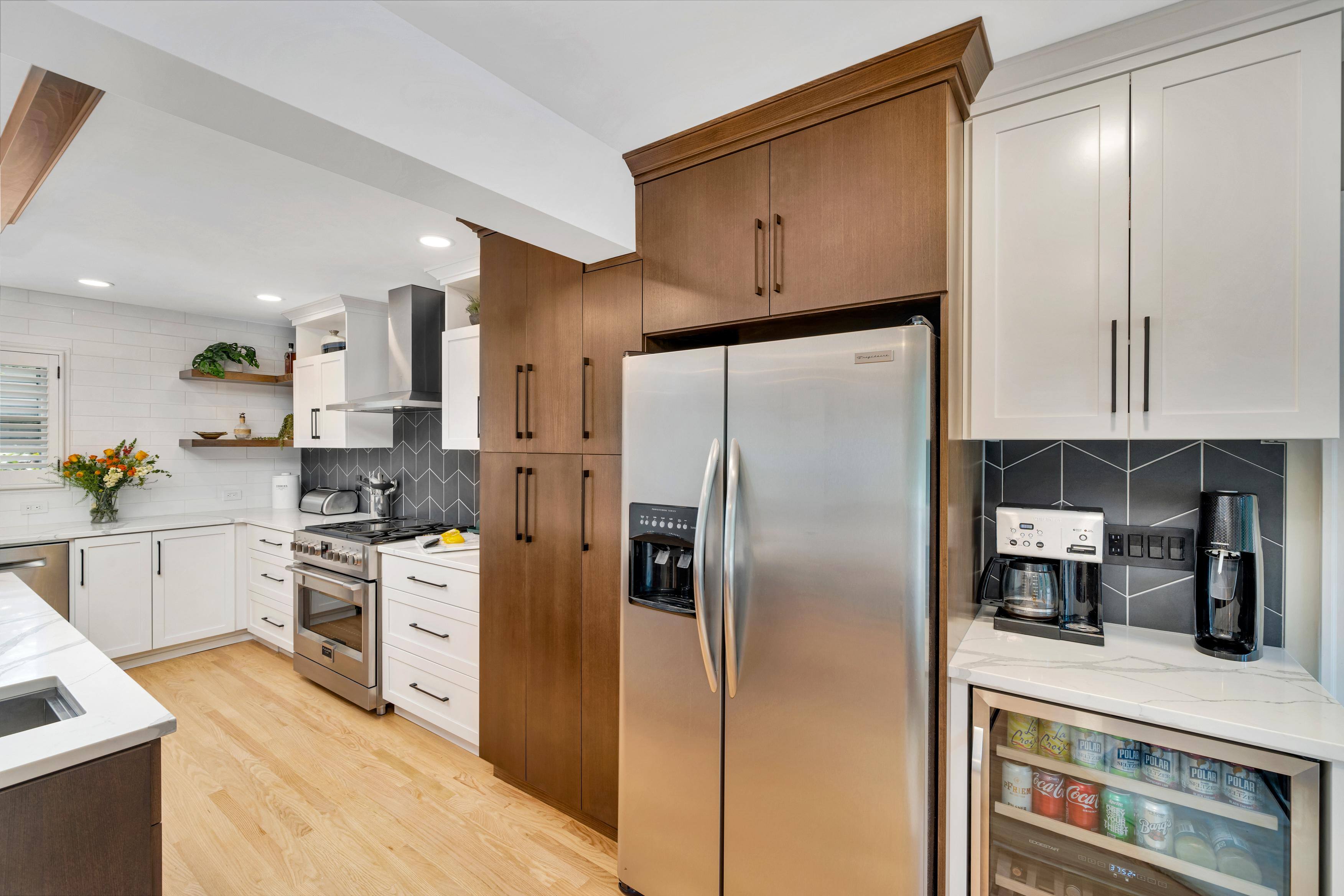 Southwest Hills Kitchen coffee nook area and refridgerator by Creekstone Design + Remodel